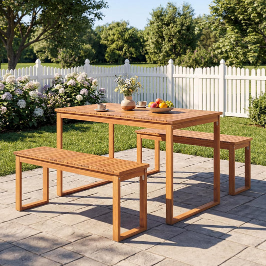 Tangkula 3 Pieces Patio Wooden Dining Set, Acacia Wood Rectangular Picnic Beer Table with 2 Benches for 4 People, Outdoor Dinner Furniture Set for Backyard, Garden and Poolside