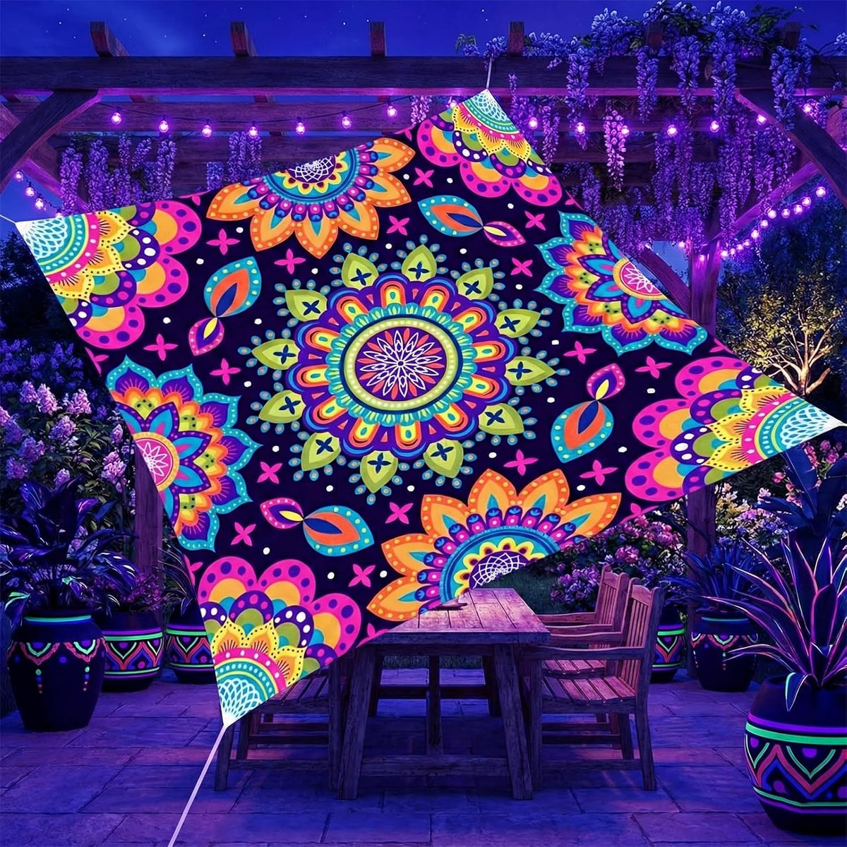 Miytal Blacklight Outdoor Sunshade Sail – 6' × 6' UV Reactive Mandala Canopy, Glow in the Dark Neon Tie-Dye Patio Shade Cloth for Garden, Backyard, Deck & Party Decor