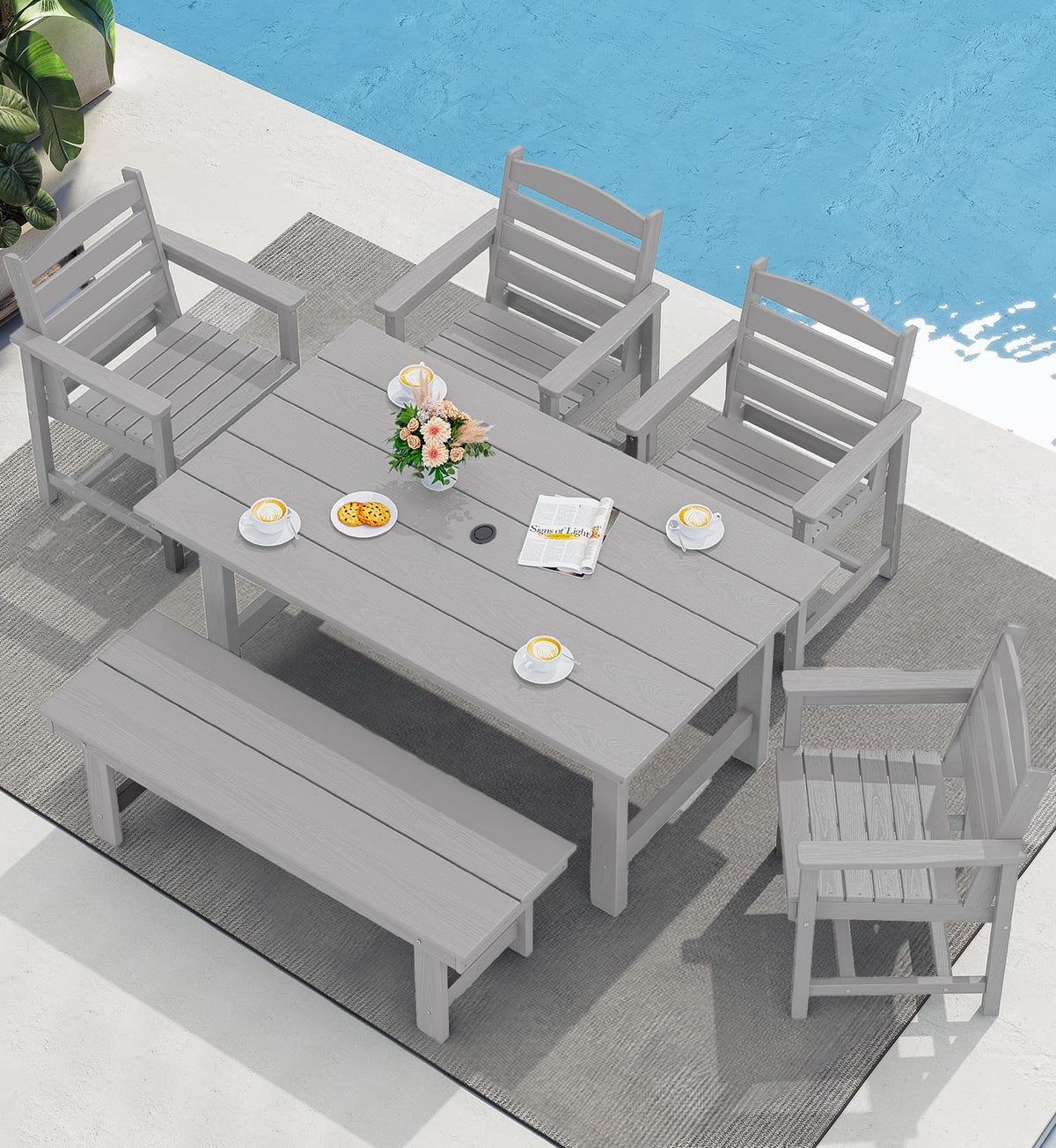 SERWALL 7 Pcs Outdoor Dining Set, 67" HDPE Dining Set for 6, Black