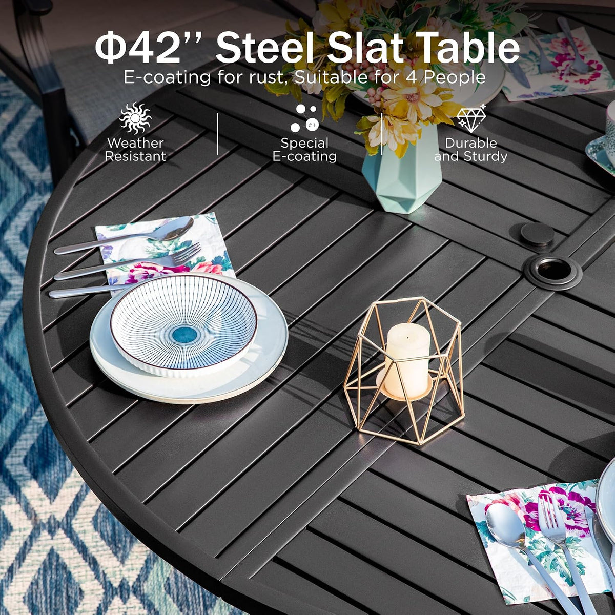 PHI VILLA Patio Round Table w/Umbrella Hole, Metal Table for 4, Black
