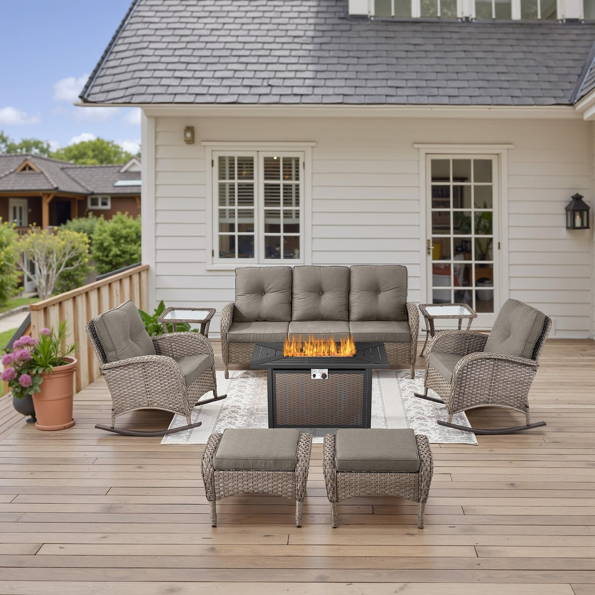Belord Patio Rocking Chair Wicker Chair, 1 Piece Outdoor Rocking Chair Seating with Cushions for Porch Deck Balcony, Brown/Blue