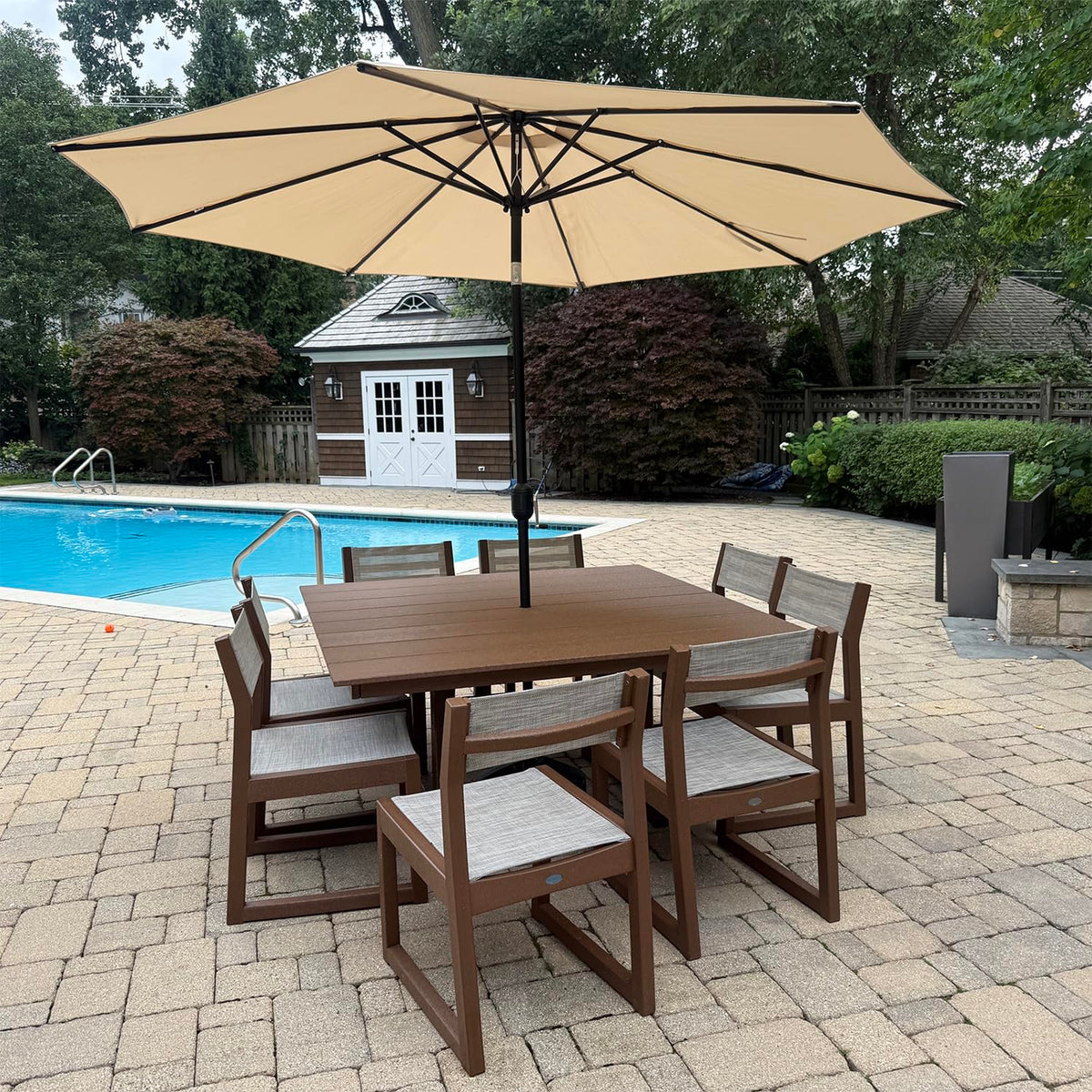 PURPLE LEAF Pool Market Umbrella with Base 9' UV Protection Outdoor, Beige