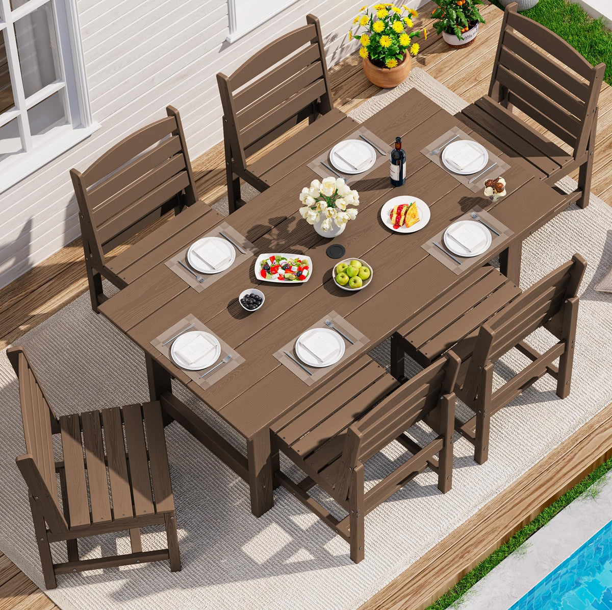 SERWALL 7 Pcs Outdoor Dining Set, 67" HDPE Dining Set for 6, Black