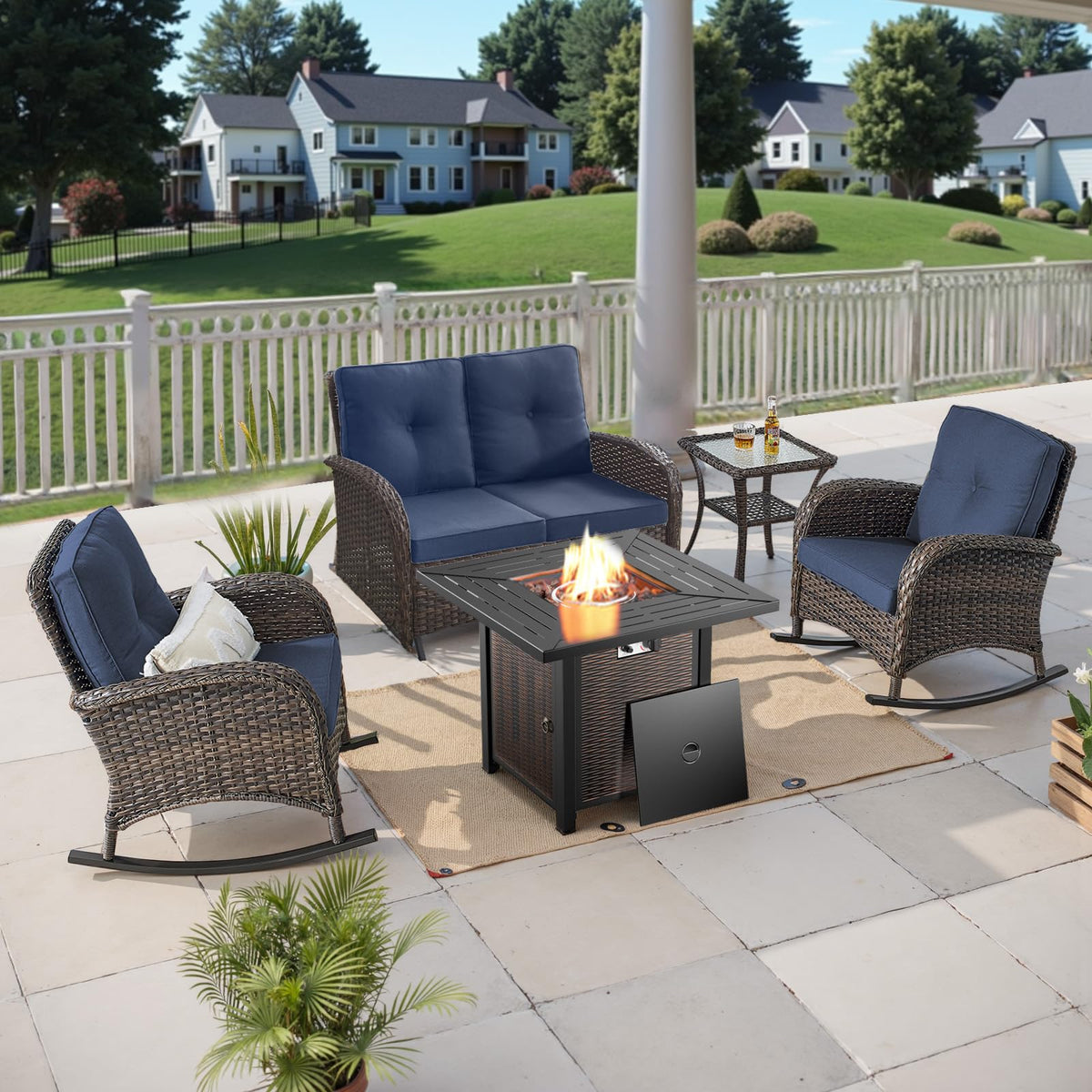Belord Patio Rocking Chair Wicker Chair, 1 Piece Outdoor Rocking Chair Seating with Cushions for Porch Deck Balcony, Brown/Blue
