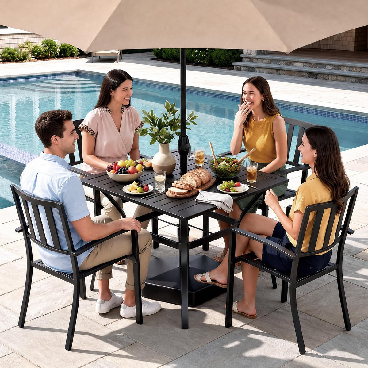 PHI VILLA Patio Table w/Umbrella Hole, Black Metal Dining Table for 4