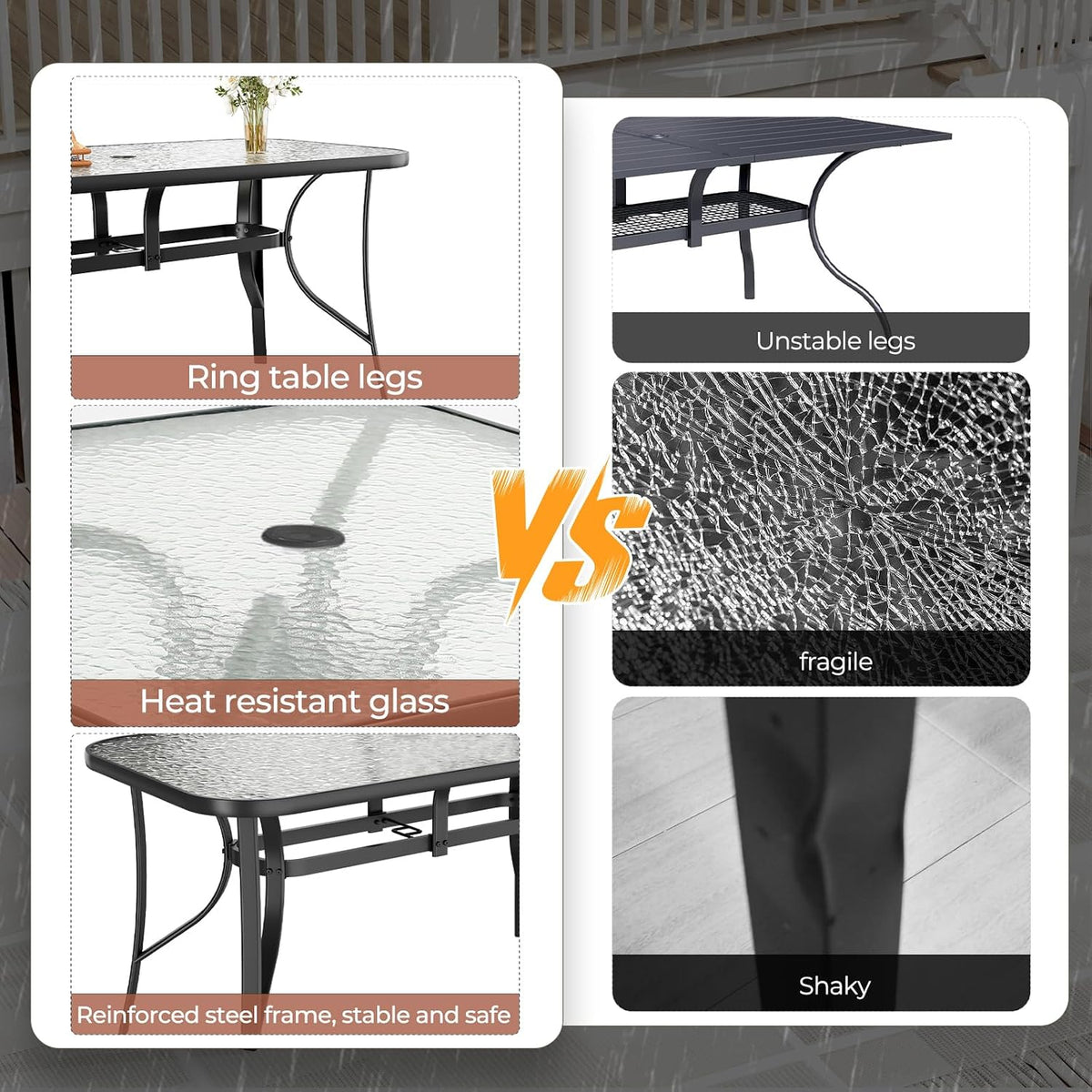 TLSUNNY Patio 30"X 55" Rectangular Glass Table with 1.69″ Umbrella Hole