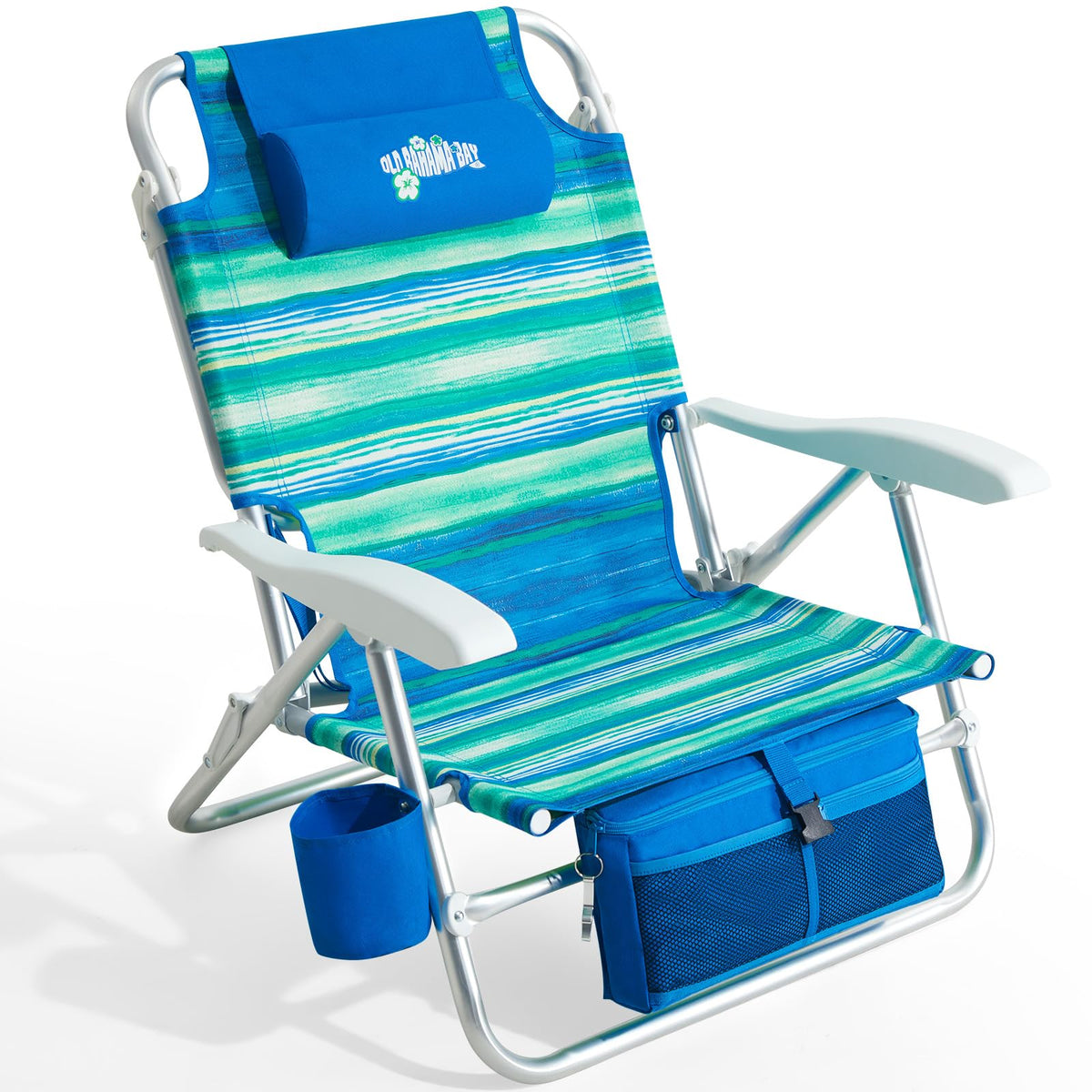 Old Bahama Bay Beach Chairs for Adults, 7-Position Classic Lay Flat Beach Chair Reclining Beach Chair, Portable Aluminum Backpack Beach Chair with Towel Bar & Cooler Bag