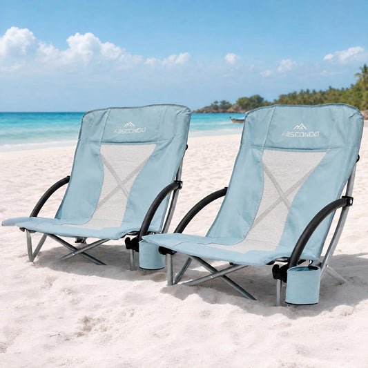 ABSCONDO Portable Low Beach Chairs for Adults, Sky Light Blue, 2 Pack