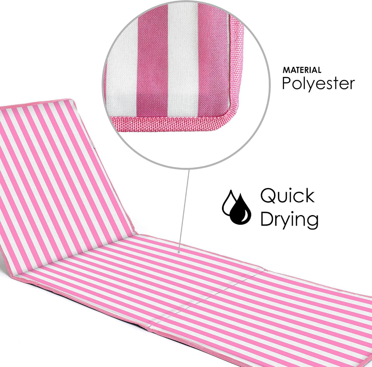 just be... Beach Chair with Backrest, Foldable Lightweight Reclining Beach Mat, Portable Padded Lounge Seat with Carry Strap & Zip Pocket – Pink Stripes