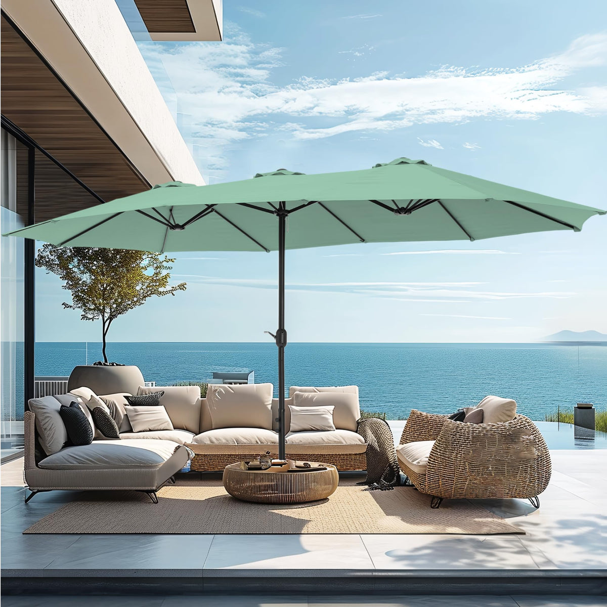 PHI VILLA 15ft Large Outdoor Patio Umbrella with Base Included, Beige