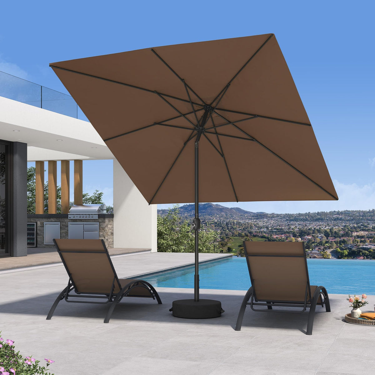 PURPLE LEAF Pool Market Umbrella with Base 9' UV Protection Outdoor, Beige