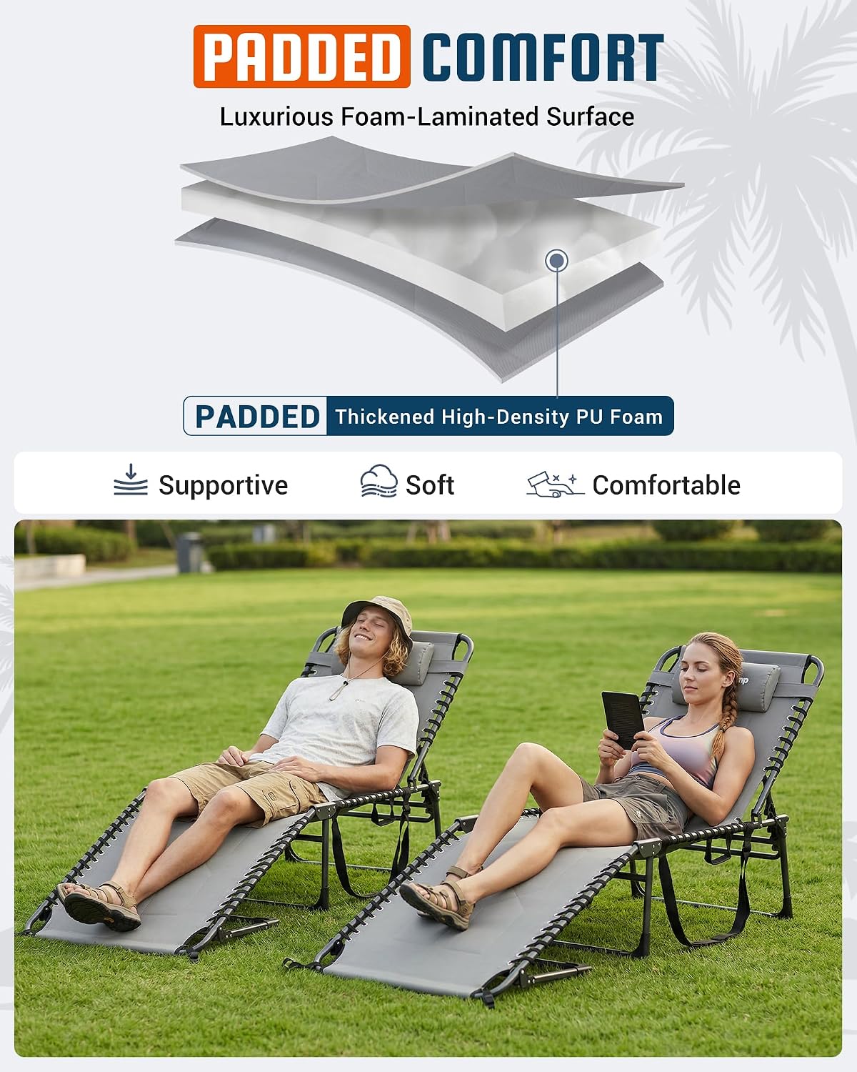 KingCamp Oversized Padded Lounge Chair 440lbs Tanning Chair, Grey
