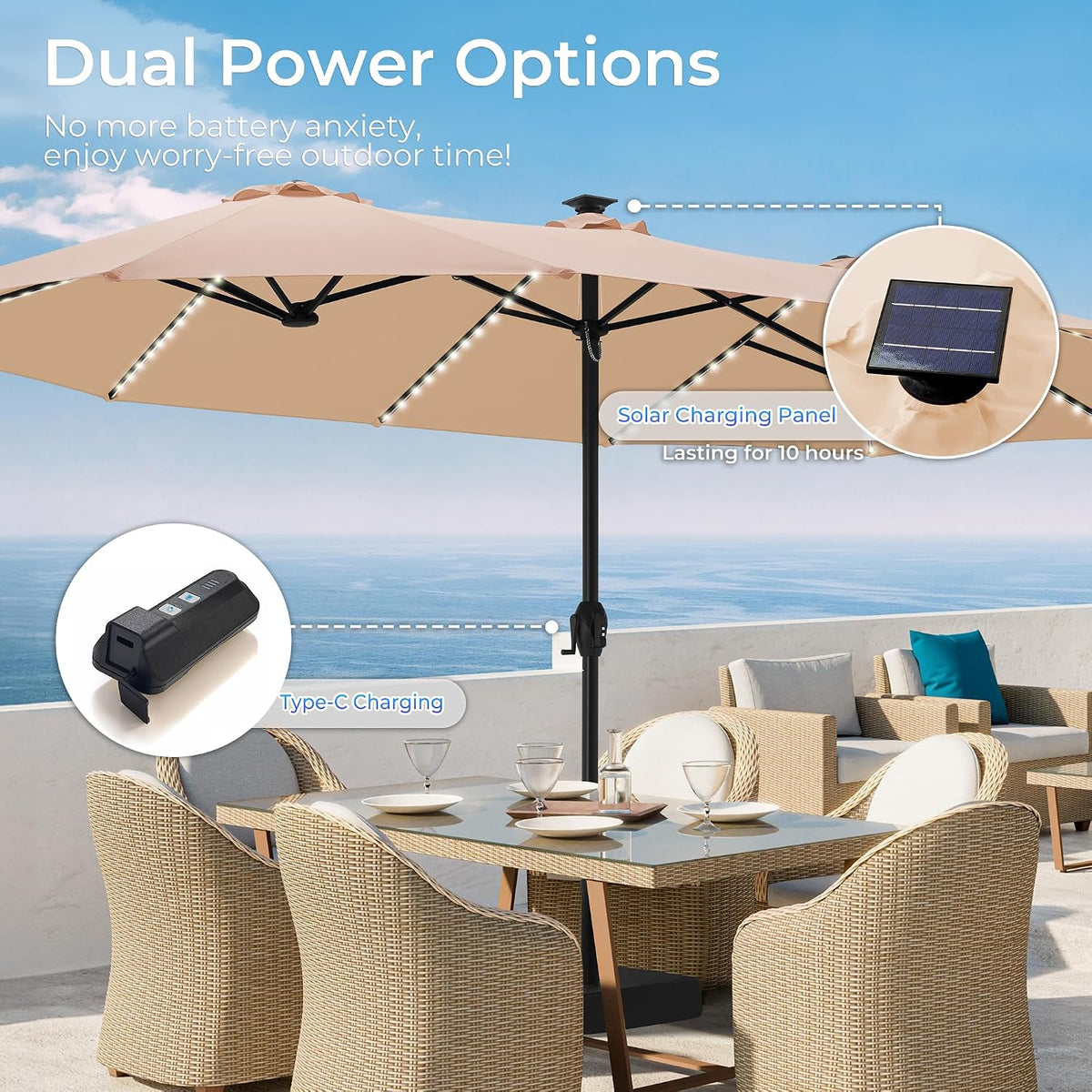 SUPERJARE 15ft Large Patio Umbrella with Base included, Double Sided Outdoor Umbrella with Solar Lights, Pool Umbrella with Fade Resistant Canopy for Deck, Porch, Yard, Balcony, Beige