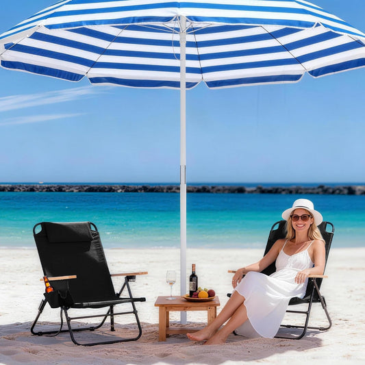 2 Pack Premium 5-Position Reclining Camping Chair - Portable Folding Lightweight Outdoor Chair with Wooden Armrests, Headrest & Pockets, 350lbs Heavy Duty for Beach, Patio, Backyard, Black
