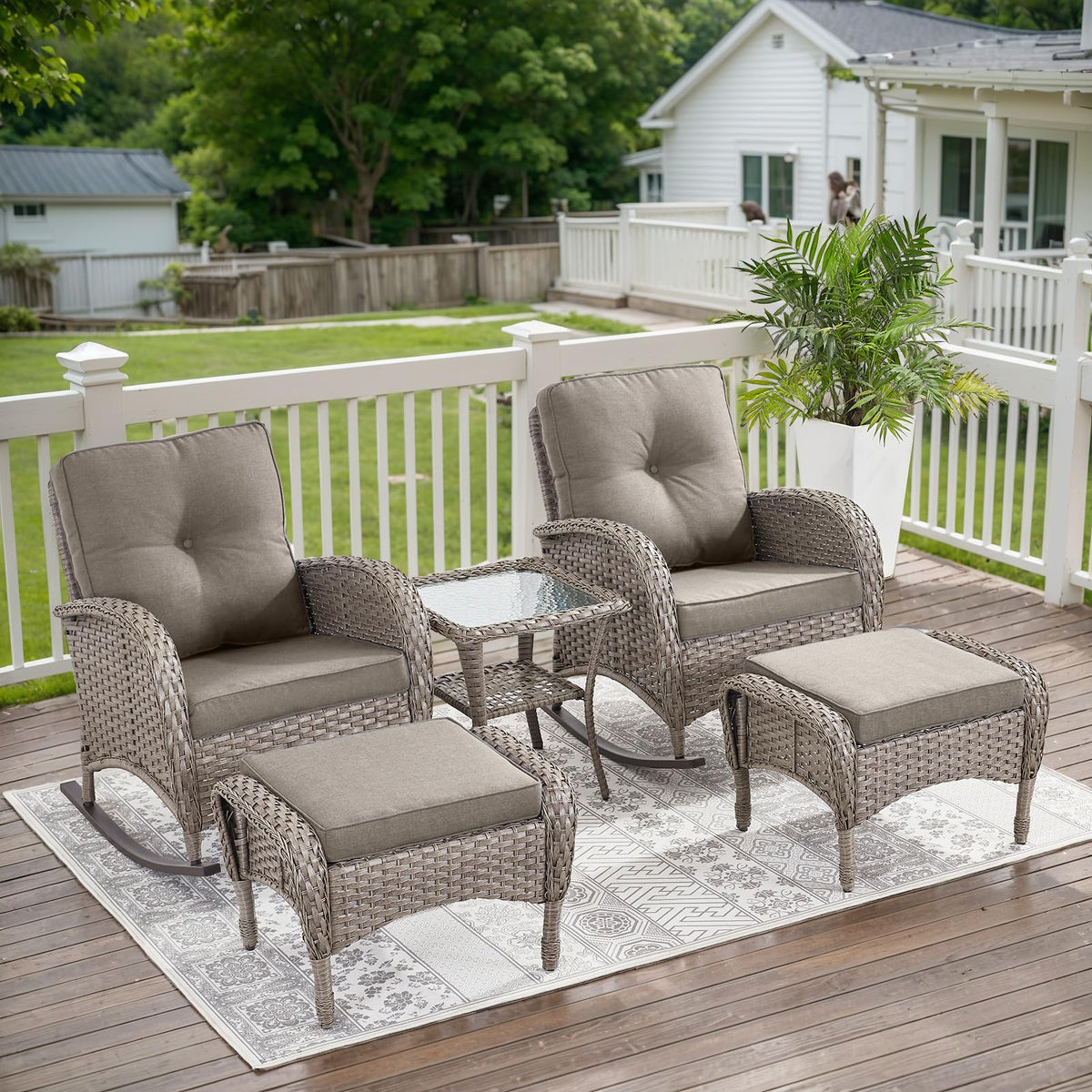 Belord Patio Rocking Chair Wicker Chair, 1 Piece Outdoor Rocking Chair Seating with Cushions for Porch Deck Balcony, Brown/Blue