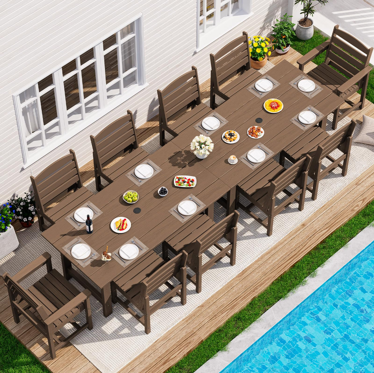 SERWALL 7 Pcs Outdoor Dining Set, 67" HDPE Dining Set for 6, Black