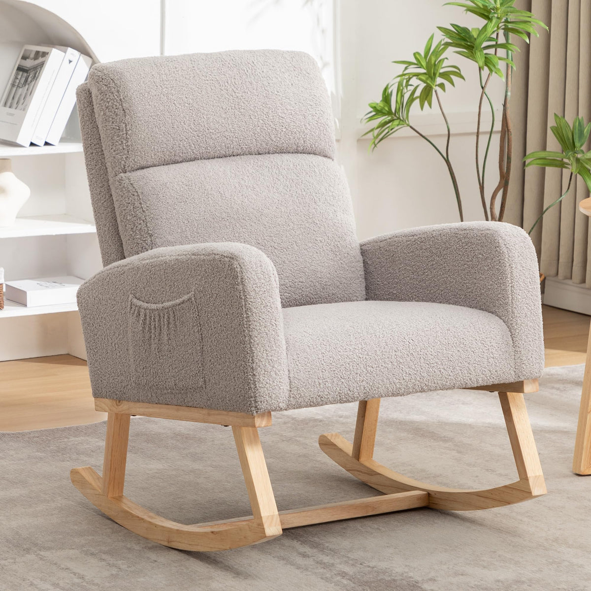 HCHAIRH Rocking Chair Nursery, Boucle Teddy Nursing Rocking Chairs, Upholstered Nursery Glider Rocker for Mom Nursery Morden Accent Rocking Chair with Side Pocket for Living Room,Bedroom, Light Green