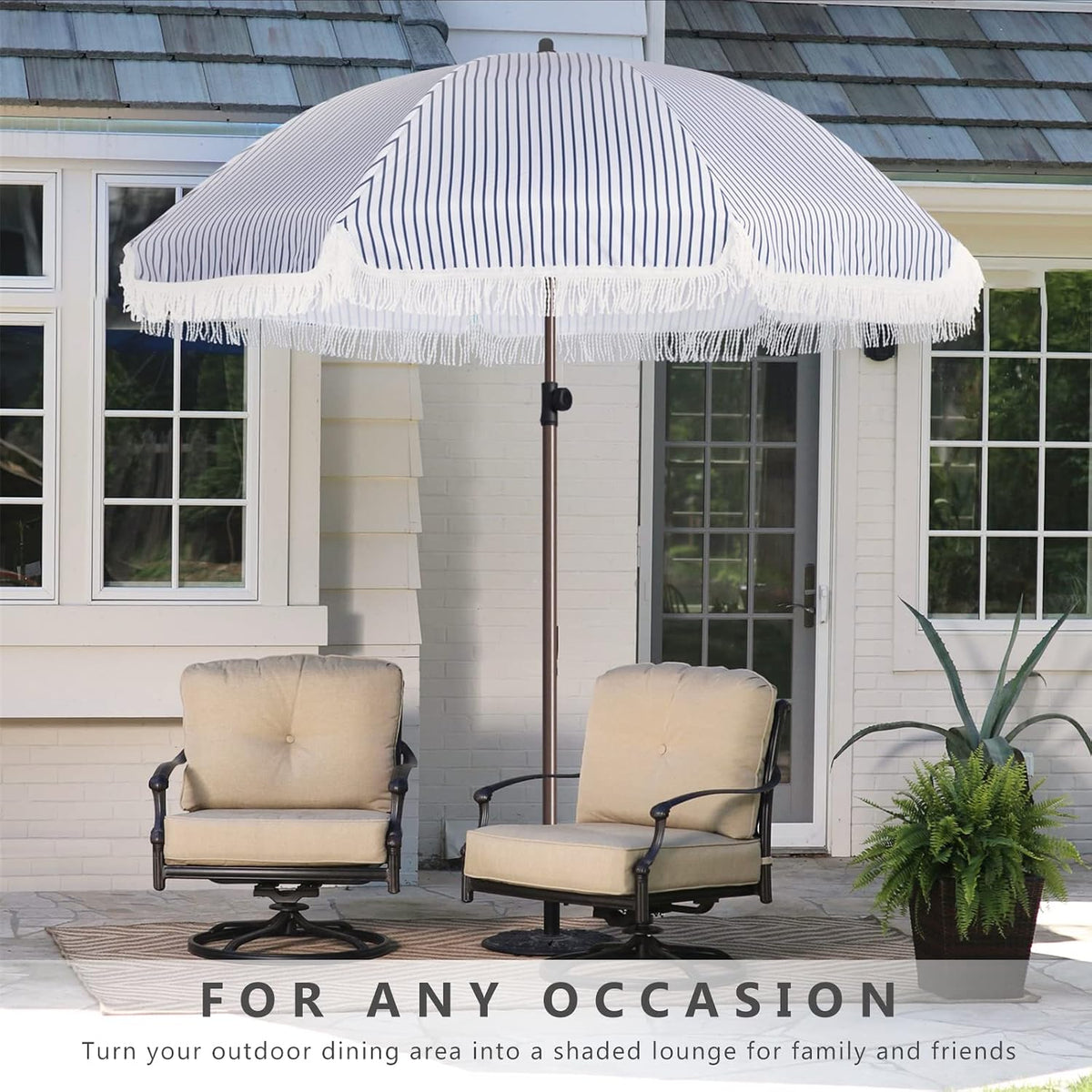 7.5Ft Patio Beach Umbrella with Fringe & Tassel, UPF50+ Push Button Tilt & Crank, Ideal for Garden, Lawn, Deck, Yard & Pool