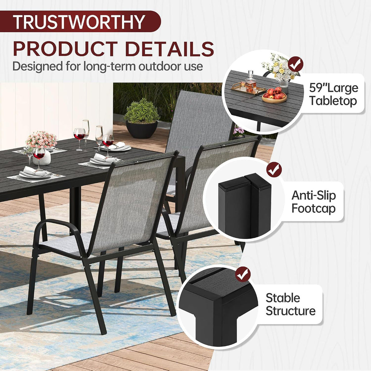 PIZZELLO Patio Dining Table for 6, 59" Rectangular Outdoor Patio Tables