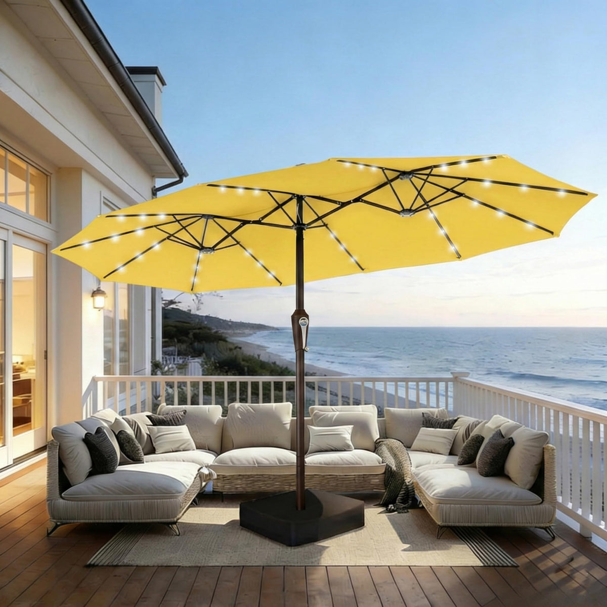 15FT Patio Umbrella with Solar Lights, Double-Sided Extra Large Outdoor Table Umbrella with Base Included, Heavy-Duty 12 Iron Ribs Market Umbrella for Garden, Pool, Backyard, Turquoise Blue
