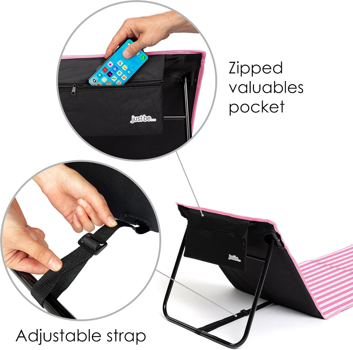 just be... Beach Chair with Backrest, Foldable Lightweight Reclining Beach Mat, Portable Padded Lounge Seat with Carry Strap & Zip Pocket – Pink Stripes