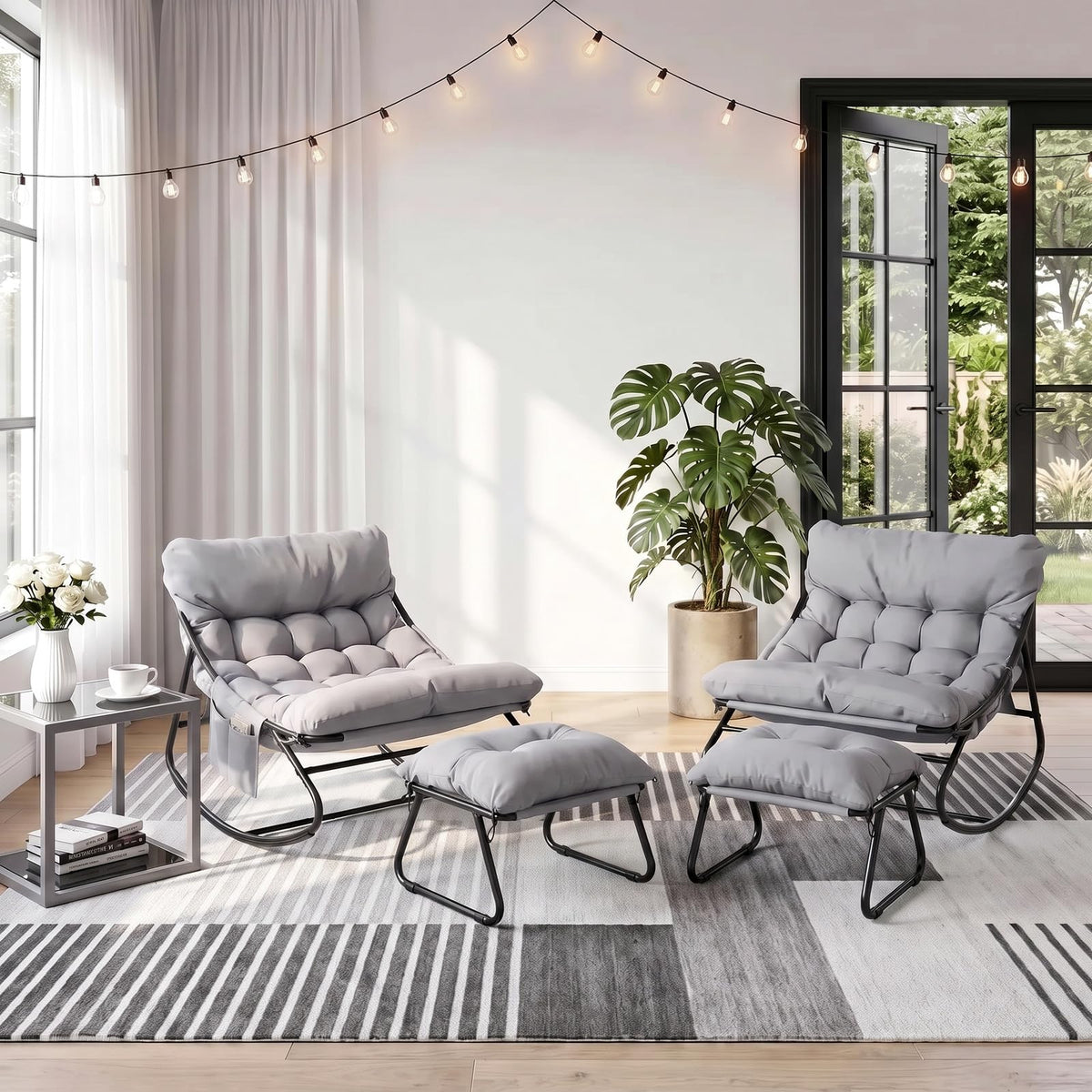 Arlopu Outdoor Rocking Chair with Ottoman, Papasan Rocking Chair