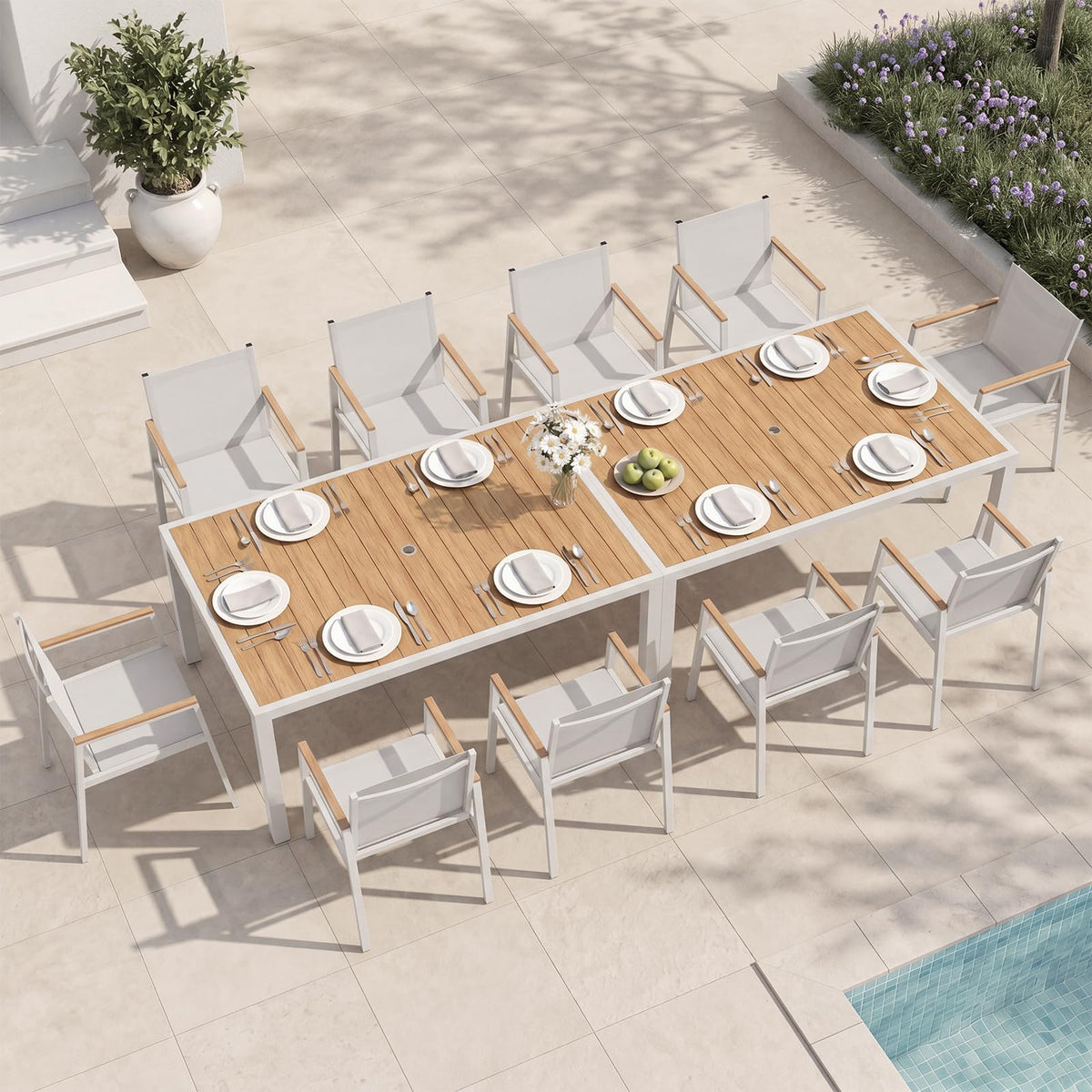 Outdoor Dining Set, 7 Piece Aluminum Patio Table and Chairs Set, All Weather Patio Dining Furniture Set with Umbrella Hole for Backyard, Deck, Poolside (Gray-Teak)