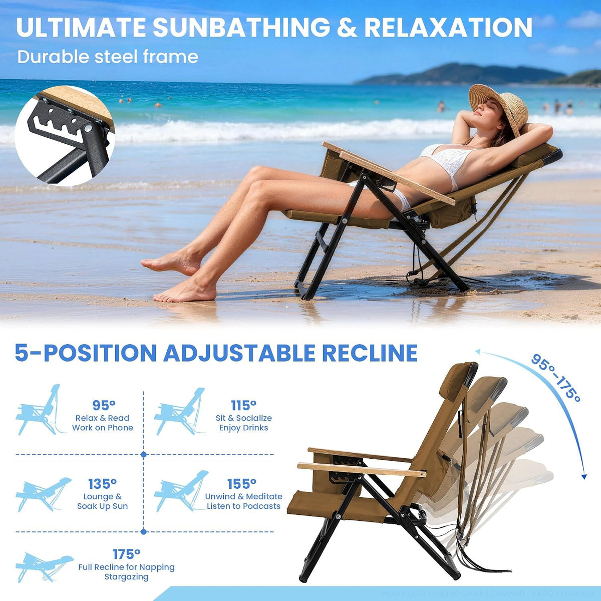 Premium Portable Camping Chair 5-Position Recliner Beach Folding Lightweight Outdoor Chair with Wooden Armrests, Headrest, Multi-Pockets Heavy Duty 350lbs, for Patio, Backyard, Brown