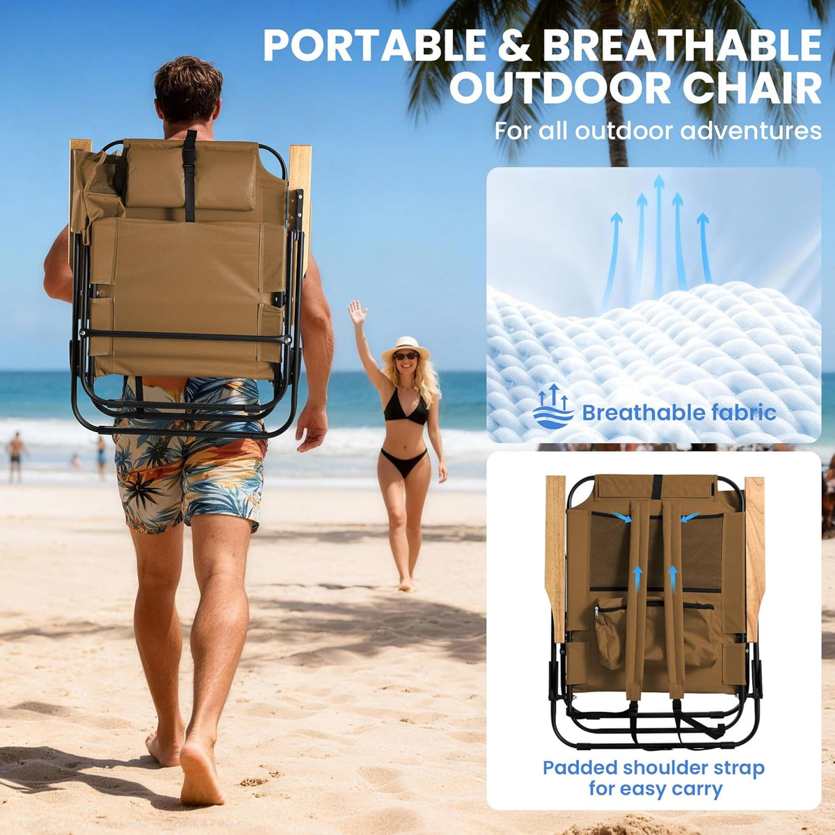 Premium Portable Camping Chair 5-Position Recliner Beach Folding Lightweight Outdoor Chair with Wooden Armrests, Headrest, Multi-Pockets Heavy Duty 350lbs, for Patio, Backyard, Brown