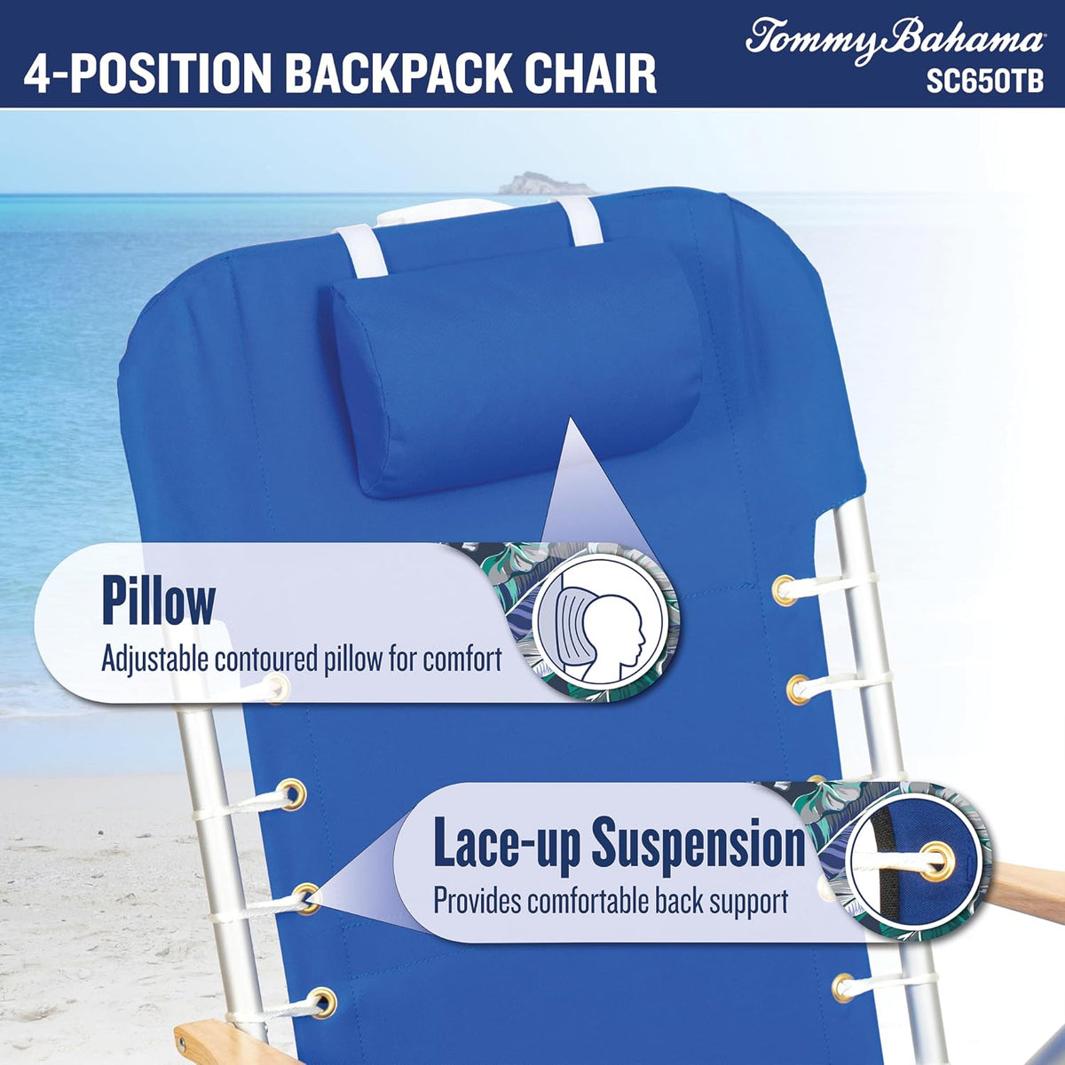 Tommy Bahama Hi-Boy 17" Seat Height 4-Position Lace-Up Suspension Folding Beach Backpack Chair