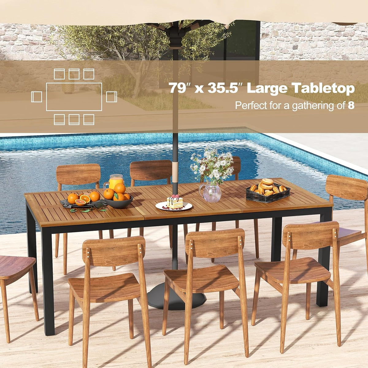 Tangkula 79" Acacia Wood Outdoor Dining Table for 8, Patio Table with Umbrella Hole, Metal Legs & Adjustable Foot Pads, Rectangular 8-Person Outside Table for Garden, Poolside & Backyard