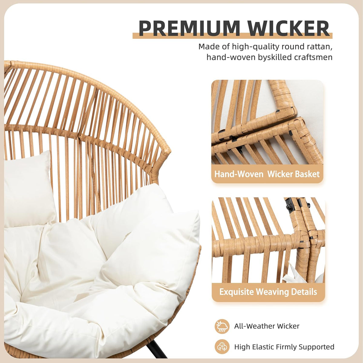 JAMFLY Egg Chair Rocking Chairs, Wicker Patio Chair Oversized Lounger Chair with Cushion for Indoor Living Room Bedroom Outdoor Patio Backyard Balcony Garden, Cream White