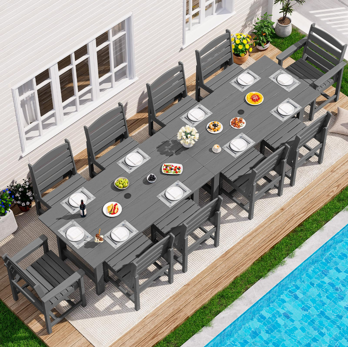 SERWALL 7 Pcs Outdoor Dining Set, 67" HDPE Dining Set for 6, Black