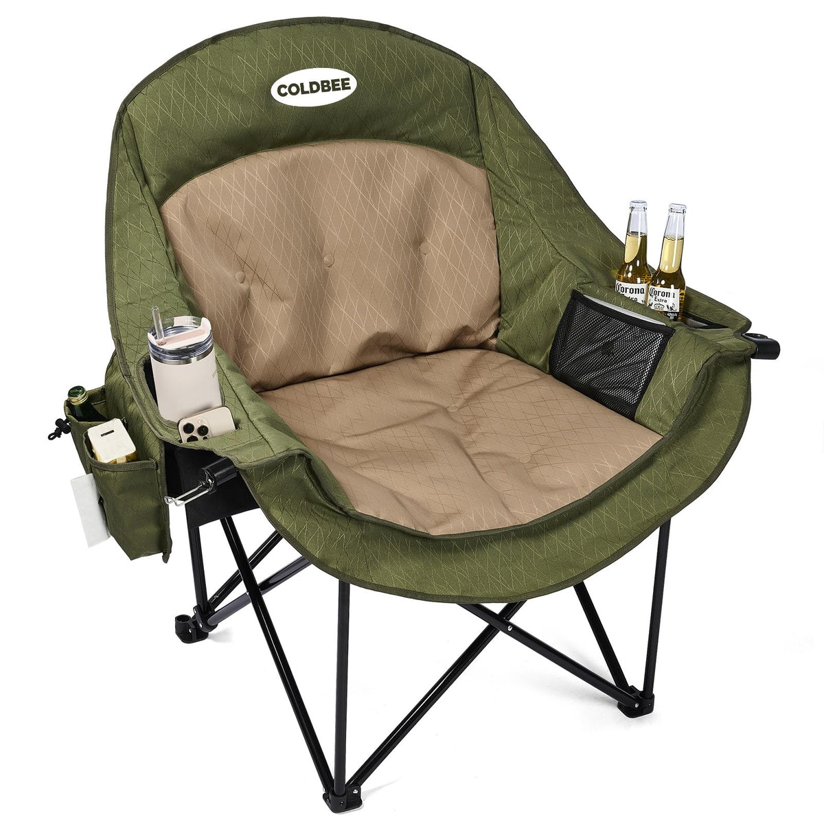 Coldbee Oversized Camping Chairs, Heavy Duty Padded, Thick Headrest, Black