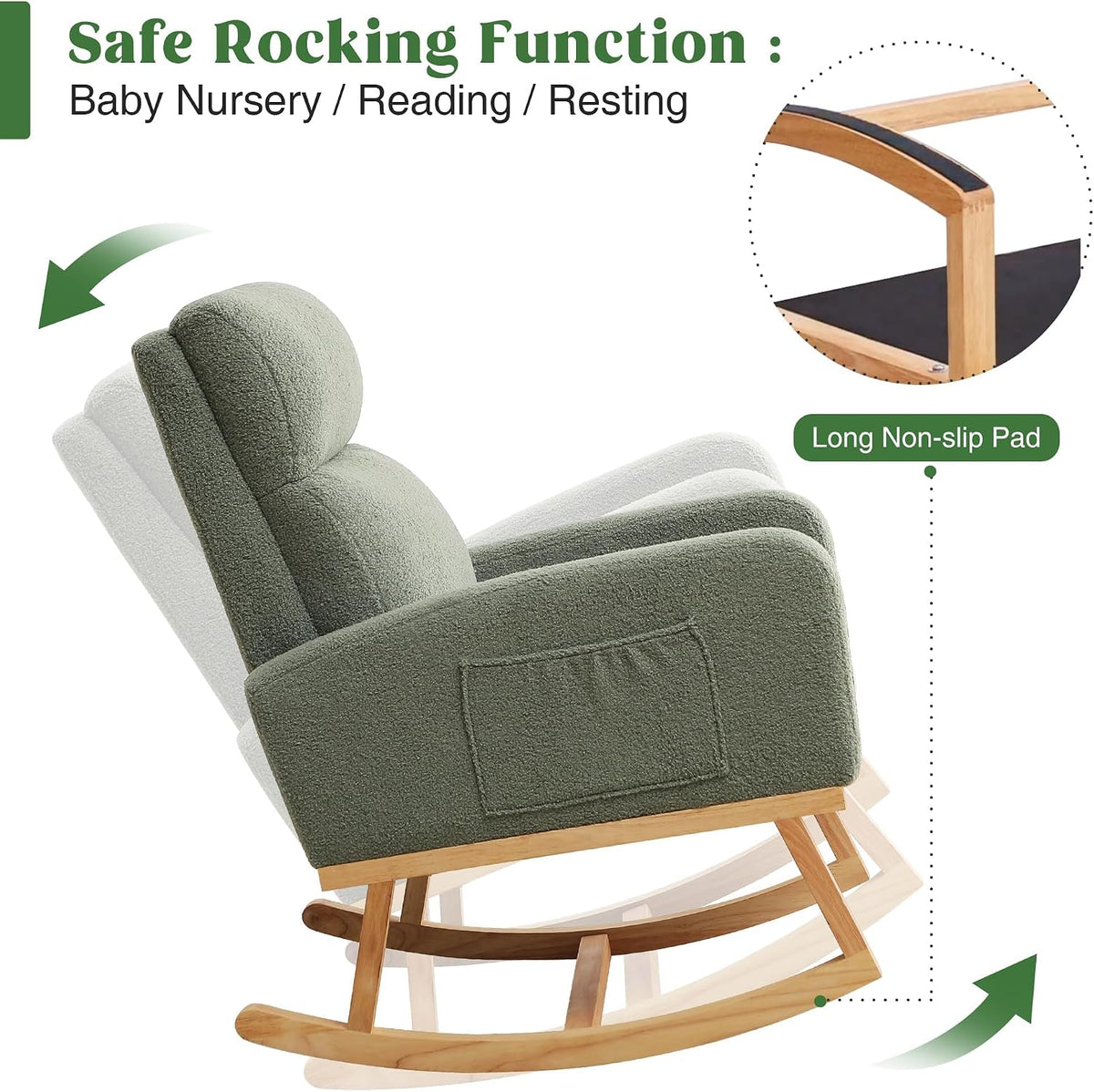 HCHAIRH Rocking Chair Nursery, Boucle Teddy Nursing Rocking Chairs, Upholstered Nursery Glider Rocker for Mom Nursery Morden Accent Rocking Chair with Side Pocket for Living Room,Bedroom, Light Green