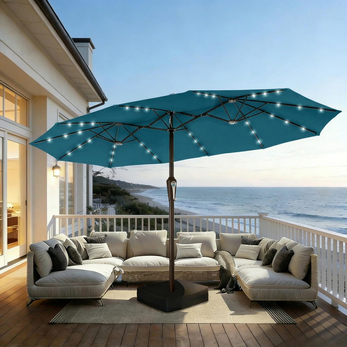 15FT Patio Umbrella with Solar Lights, Double-Sided Extra Large Outdoor Table Umbrella with Base Included, Heavy-Duty 12 Iron Ribs Market Umbrella for Garden, Pool, Backyard, Turquoise Blue