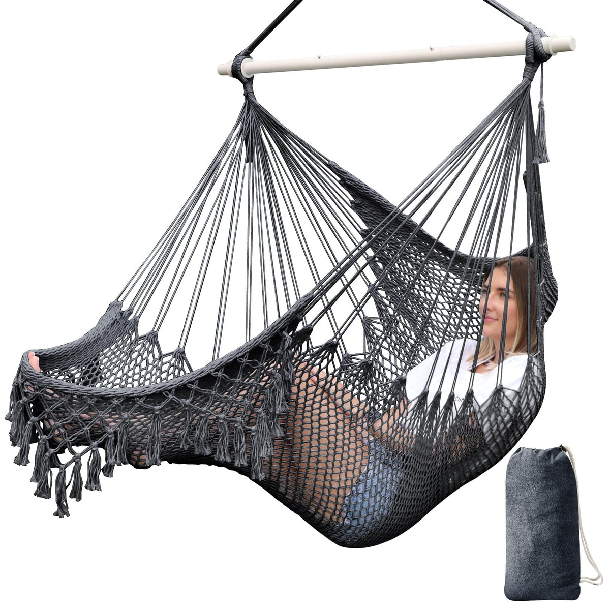 Chihee Hammock Chair Handmade Woven Mesh Hanging Seat Metal Spreader Bar