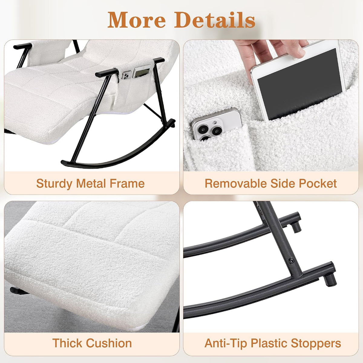 VECELO High Back Nursery Rocking Chair with Foot Rest, Teddy Upholstered Reclining Glider Rocker, Comfy Armchair Padded Seat Removable Side Pockets for Living Room, Bedroom, Balcony, White