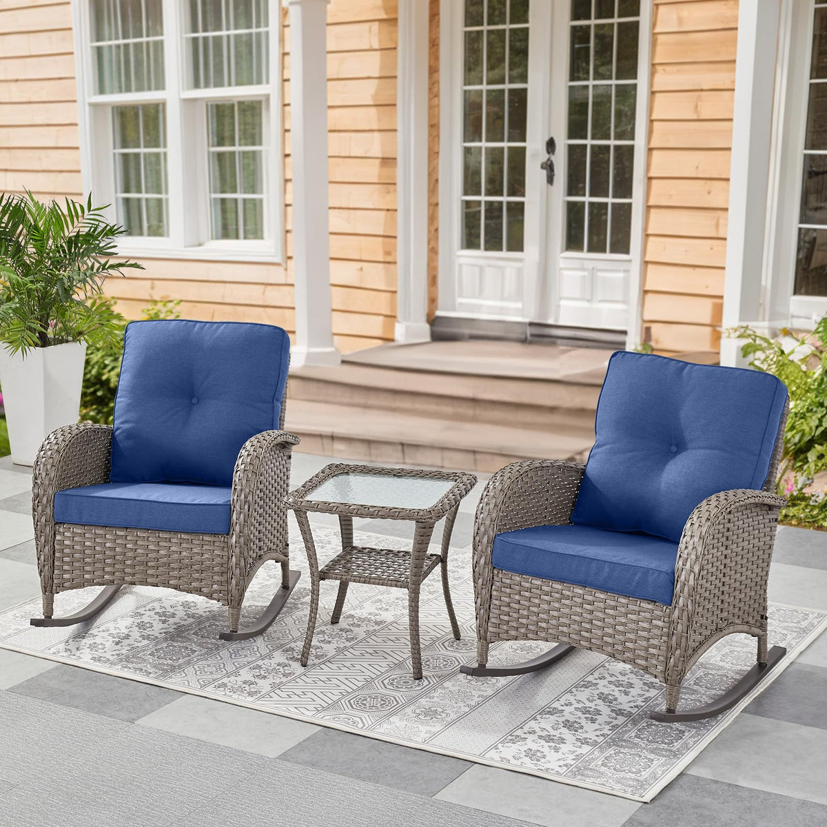 Belord Patio Rocking Chair Wicker Chair, 1 Piece Outdoor Rocking Chair Seating with Cushions for Porch Deck Balcony, Brown/Blue