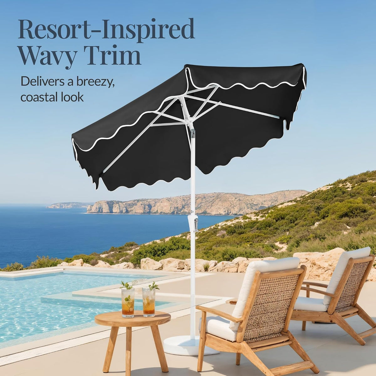 Best Choice Products 7.5ft Patio Market Umbrella with Wavy Trim, UV-Fade-Resistant 210g Canopy, Crank & Tilt, Wind Vent, Heavy-Duty Frame - Black
