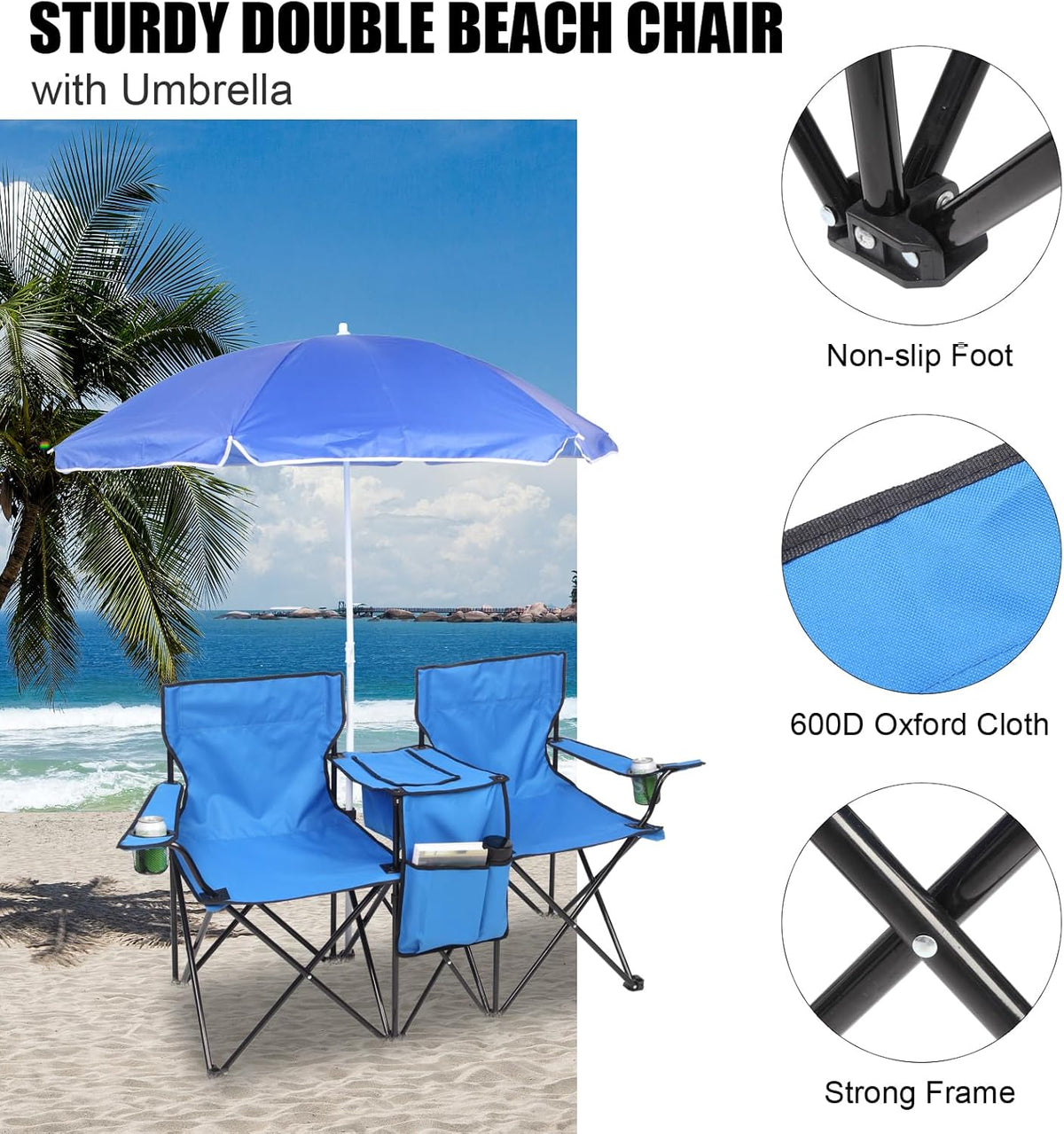 Outvita Folding Double Camping Chair w/Umbrella, Cooler for Beach Patio L