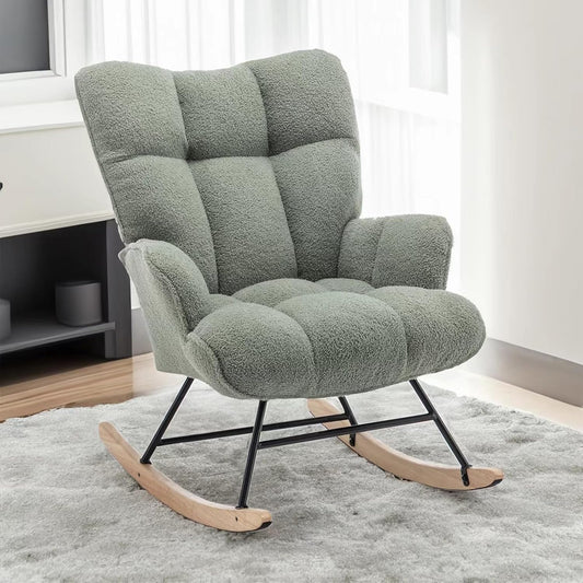 SAETSFEG Rocking Chair Nursery Teddy Upholstered Glider Rocker Rocking Accent Chair Padded Seat with High Backrest Armchair Comfy Side Chair for Living Room Bedroom Offices (Sage Green Teddy)