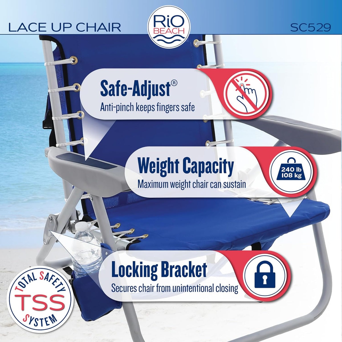 Rio Brands ASC529 4-Position Backpack Lace-Up Suspension Folding Beach Chair