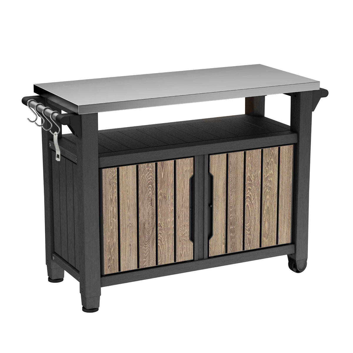Keter Unity XL Portable Outdoor Table with Stainless Steel Top for Kitchen Prep and Outdoor Storage Cabinet for Grilling Accessories, Dark Grey