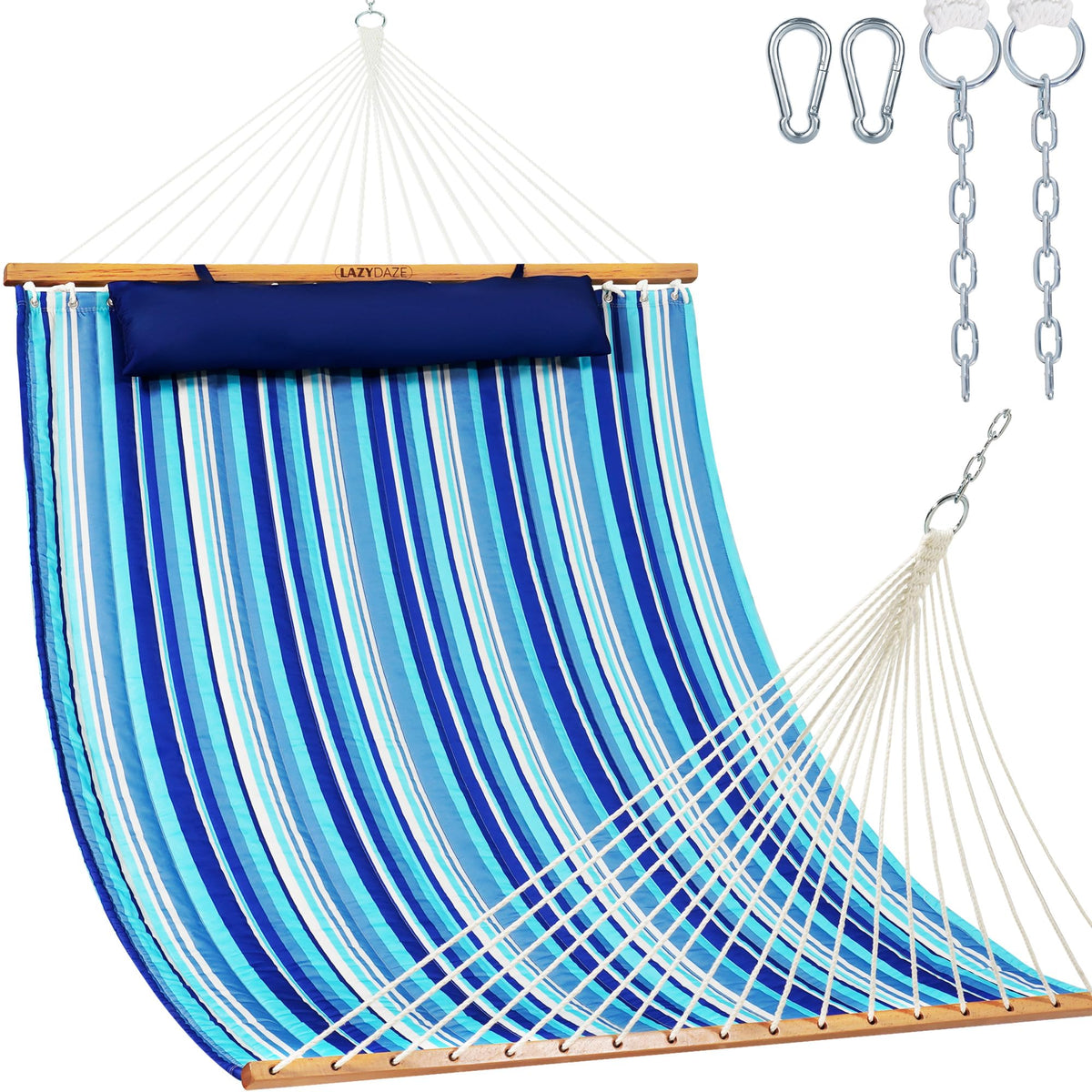 Lazy Daze Double Quilted Hammock with Carabiners & Soft Pillow for Outside