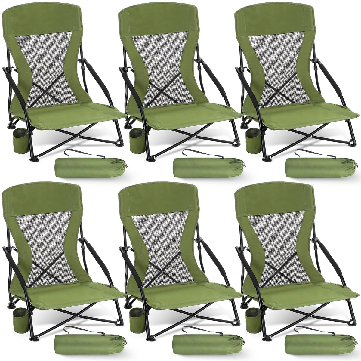 Menkxi 2 Pack Low Beach Chairs for Adults, Portable Folding Sand Chairs with Cup Holder and Carry Bag, Lightweight High Back Camping Chair for Beach Trips, Concerts, BBQ, Lawn, Outdoor (Army Green)
