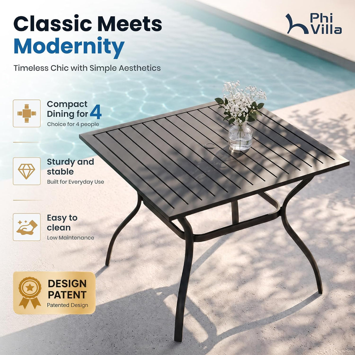 PHI VILLA Patio Table w/Umbrella Hole, Black Metal Dining Table for 4