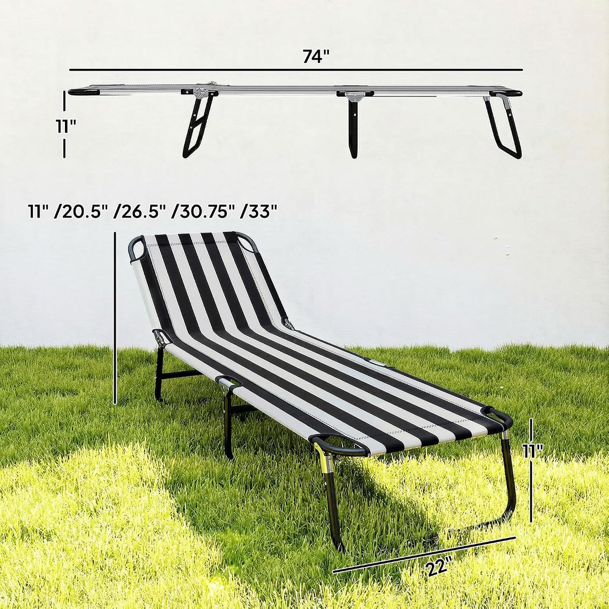 Outsunny Folding Chaise Lounge Chair with 5-Level Back, Black and White