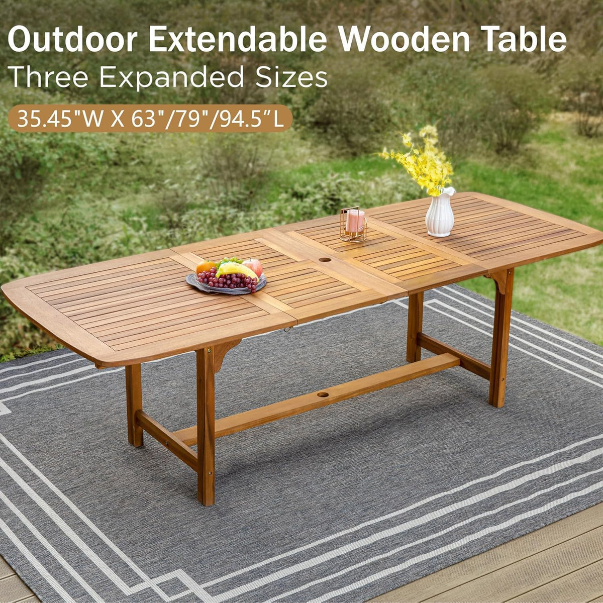 PHI VILLA Teak Outdoor Table, Expandable Wood Table w/Umbrella Hole