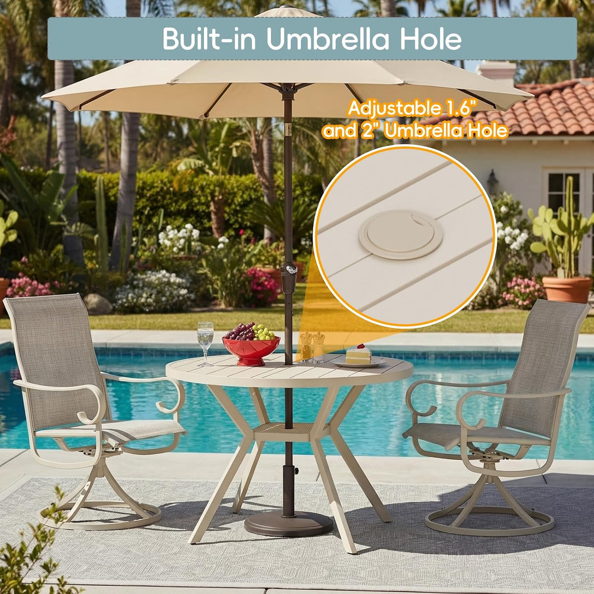 42" Outdoor Patio Table Dining Table All Weather Metal Round Patio Dining Table with Adjustable Umbrella Hole Patio Furniture for Lawn Garden Backyard, Sandshell